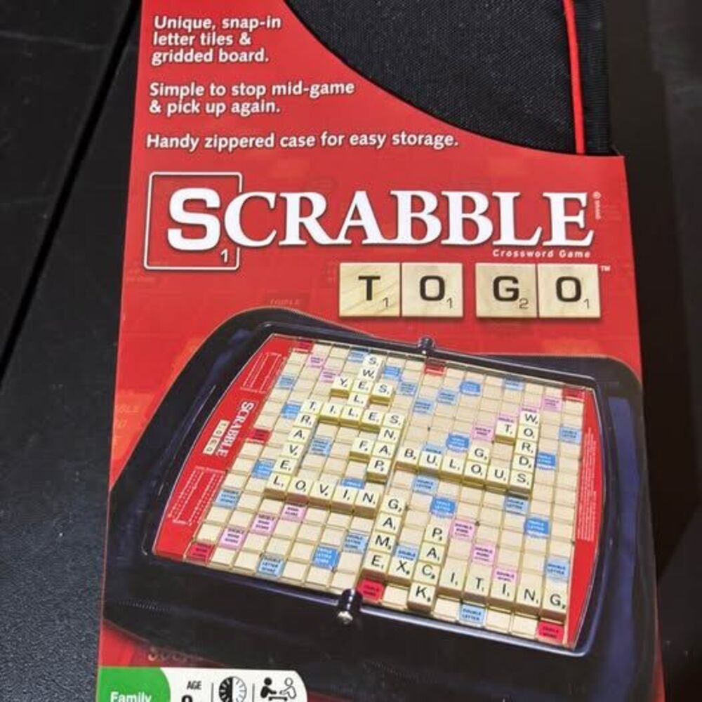 Scrabble To Go Travel Crossword Board Game Zippered Case Snap-In Tiles Complete
